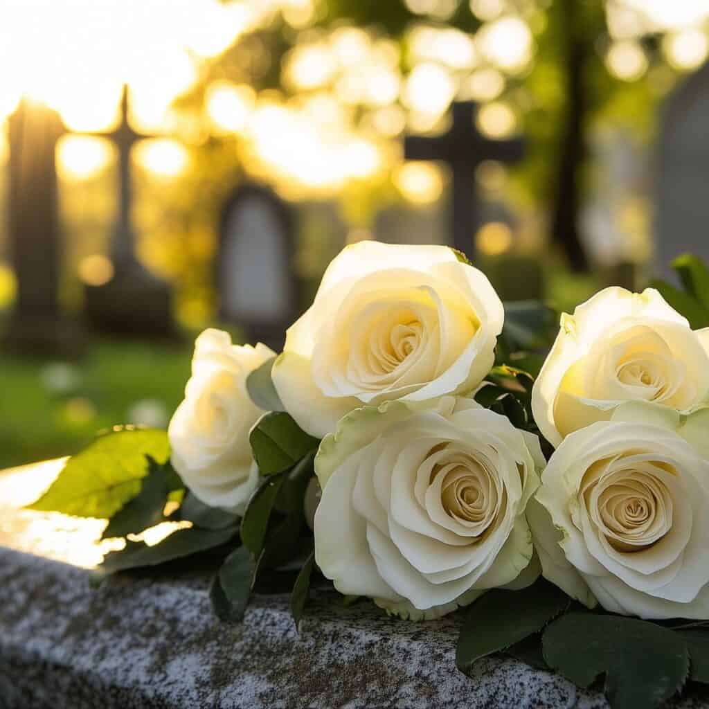 Bouquet de roses blanches posé sur une pierre tombale en granit dans un cimetière paisible, évoquant le souvenir et l'entretien d'une sépulture.