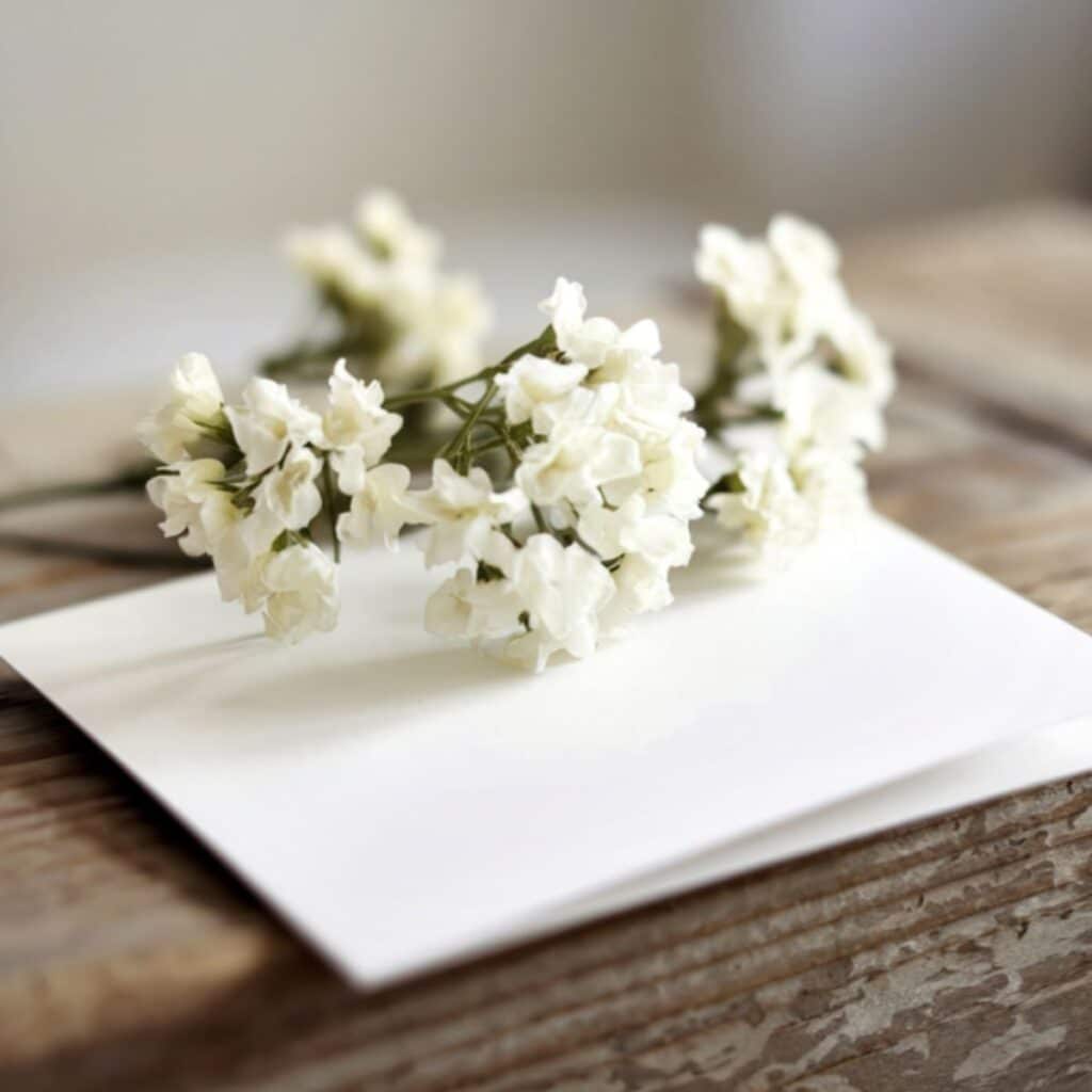 Petites fleurs blanches séchées posées sur une enveloppe en bois